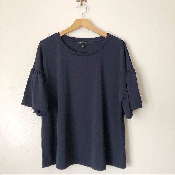 Eloquii Navy Blue Ruffle sleeve pullover top - Picture 1 of 6